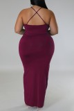Red Sexy Solid Patchwork Backless V Neck Sling Dress Plus Size Dresses
