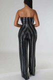 Red Sexy Striped Sequins Patchwork Strapless Straight Jumpsuits