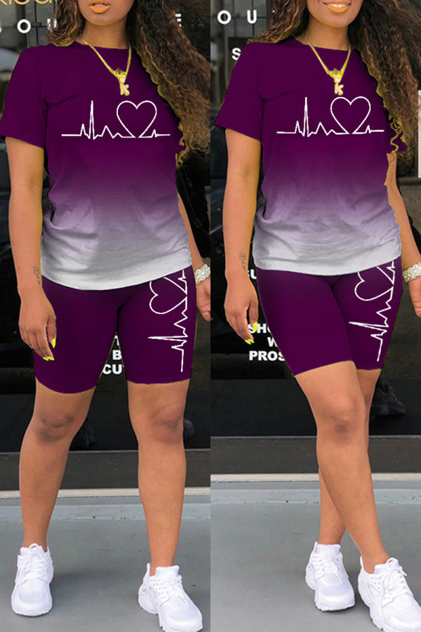 Purple Casual Gradual Change Print Basic O Neck Short Sleeve Two Pieces
