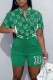 Green Casual Print Patchwork Buckle Mandarin Collar Short Sleeve Two Pieces