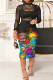 Green Sexy Print Patchwork See-through O Neck Pencil Skirt Plus Size Three Pieces