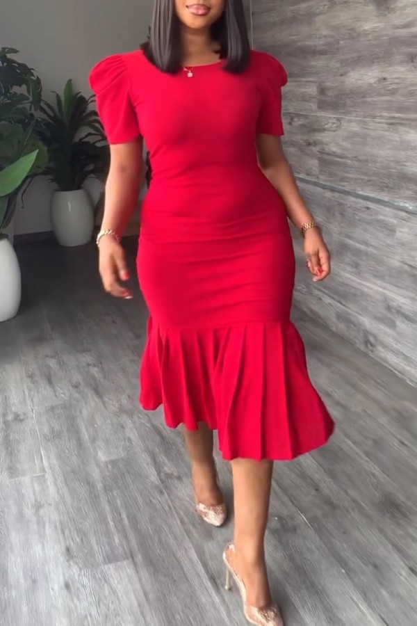 Red Casual Solid Basic O Neck Short Sleeve Dress