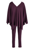 Blue Casual Solid Patchwork V Neck Long Sleeve Two Pieces