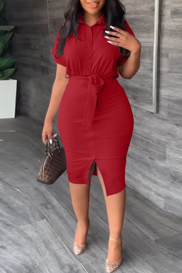 Red Casual Solid Patchwork Shirt Collar Short Sleeve Dress