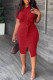 Red Casual Solid Patchwork Shirt Collar Short Sleeve Dress