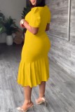Red Casual Solid Basic O Neck Short Sleeve Dress