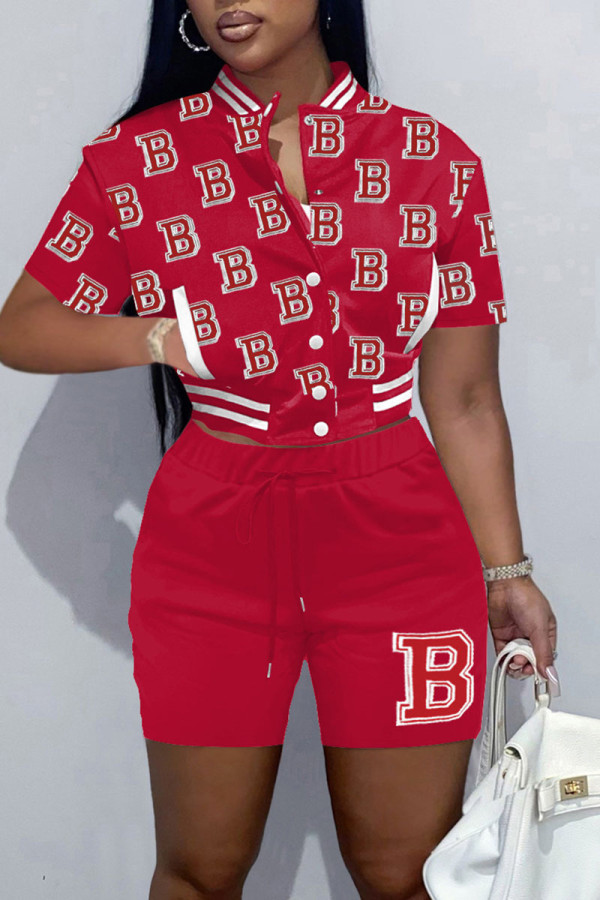 Red Casual Print Patchwork Buckle Mandarin Collar Short Sleeve Two Pieces