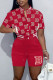Red Casual Print Patchwork Buckle Mandarin Collar Short Sleeve Two Pieces
