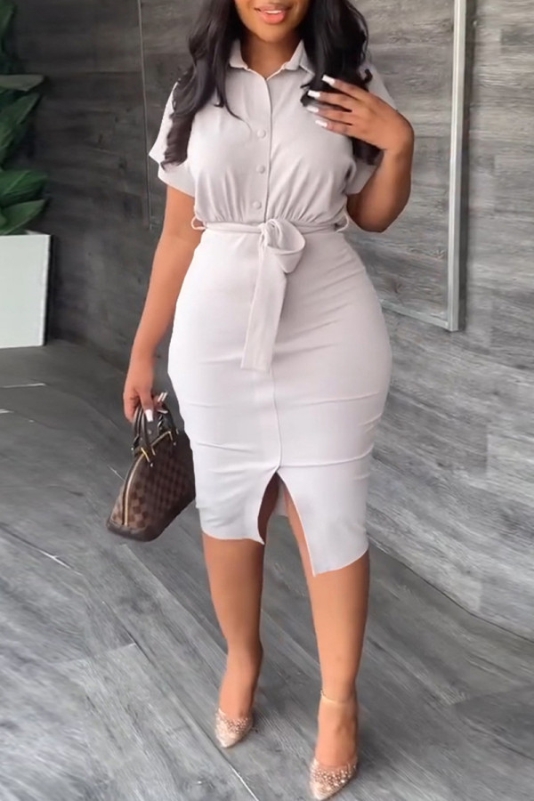 White Casual Solid Patchwork Shirt Collar Short Sleeve Dress