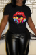 Black Street Lips Printed Patchwork O Neck T-Shirts