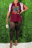 Coffee Casual Print Tassel Patchwork V Neck T-Shirts