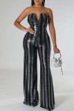 Red Sexy Striped Sequins Patchwork Strapless Straight Jumpsuits