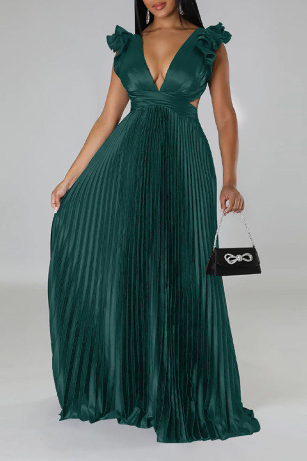 Green Sexy Solid Patchwork Backless Fold V Neck Straight Dresses