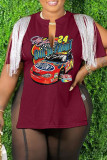 Coffee Casual Print Tassel Patchwork V Neck T-Shirts