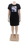 Black Casual Europe and America O Neck Print Character Plus Size