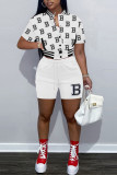 Red Casual Print Patchwork Buckle Mandarin Collar Short Sleeve Two Pieces