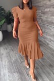 Red Casual Solid Basic O Neck Short Sleeve Dress
