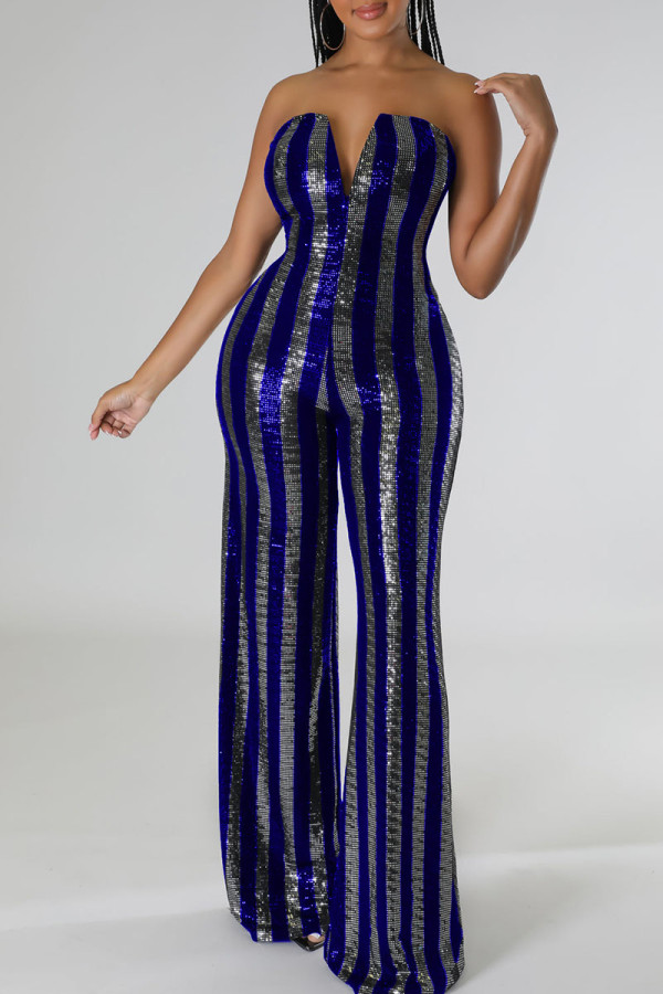 Blue Sexy Striped Sequins Patchwork Strapless Straight Jumpsuits