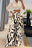 White Casual Print Patchwork Turndown Collar Long Sleeve Two Pieces