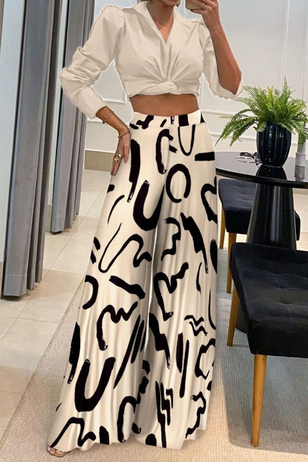 White Casual Print Patchwork Turndown Collar Long Sleeve Two Pieces