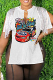 Coffee Casual Print Tassel Patchwork V Neck T-Shirts