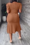 Red Casual Solid Basic O Neck Short Sleeve Dress