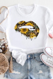 White Street Lips Printed Patchwork O Neck T-Shirts