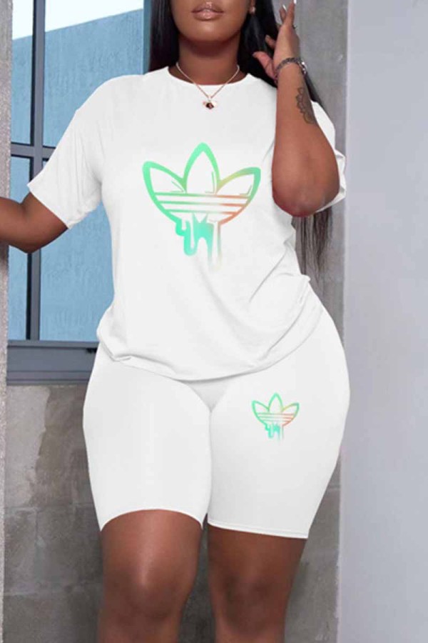 White Casual Print Patchwork O Neck Short Sleeve Two Pieces