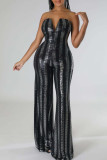 Red Sexy Striped Sequins Patchwork Strapless Straight Jumpsuits