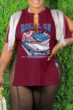 Blue Casual Print Tassel Patchwork Slit V Neck T-Shirts
