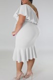 White Casual Solid Patchwork Backless Oblique Collar Plus Size Dresses