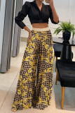Yellow Casual Print Patchwork Turndown Collar Long Sleeve Two Pieces