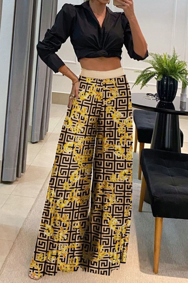 Yellow Casual Print Patchwork Turndown Collar Long Sleeve Two Pieces