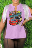 Coffee Casual Print Tassel Patchwork V Neck T-Shirts
