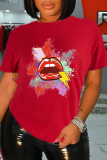 Red Casual Lips Printed Patchwork O Neck T-Shirts