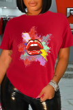 Orange Casual Lips Printed Patchwork O Neck T-Shirts