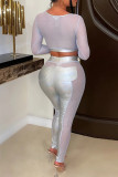 Silver Sexy Solid Patchwork See-through O Neck Long Sleeve Two Pieces