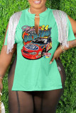 Coffee Casual Print Tassel Patchwork V Neck T-Shirts