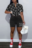 Red Casual Print Patchwork Buckle Mandarin Collar Short Sleeve Two Pieces