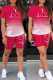 Rose Red Casual Gradual Change Print Basic O Neck Short Sleeve Two Pieces