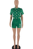 Red Casual Print Patchwork Buckle Mandarin Collar Short Sleeve Two Pieces