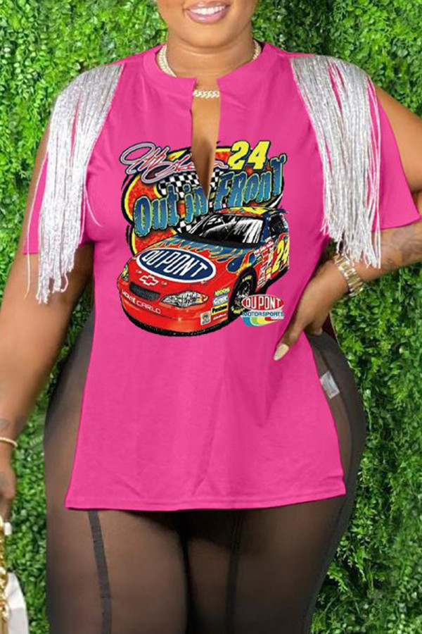 Rose Red Casual Print Tassel Patchwork V Neck T-Shirts