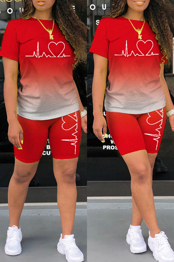 Red Casual Gradual Change Print Basic O Neck Short Sleeve Two Pieces