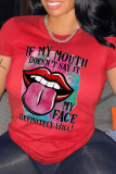 Navy Blue Fashion Street Lips Printed Patchwork Letter O Neck T-Shirts