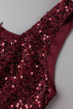 Burgundy Sexy Solid Sequins Patchwork Backless U Neck Sleeveless Dress Dresses