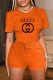 Orange Casual Print Letter O Neck Short Sleeve Two Pieces