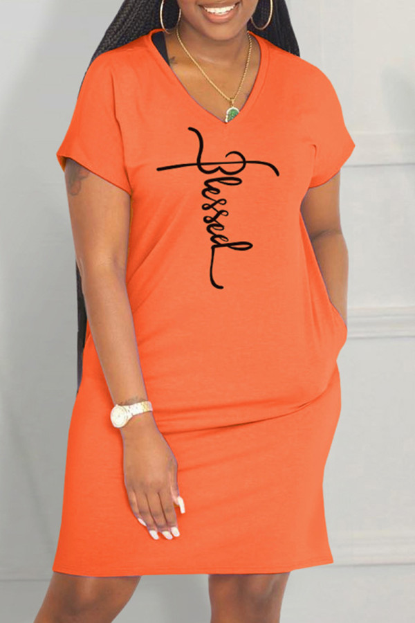 Orange Casual Print Basic V Neck Short Sleeve Dress