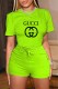 Fluorescent Green Casual Print Letter O Neck Short Sleeve Two Pieces