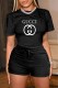 Black Casual Print Letter O Neck Short Sleeve Two Pieces