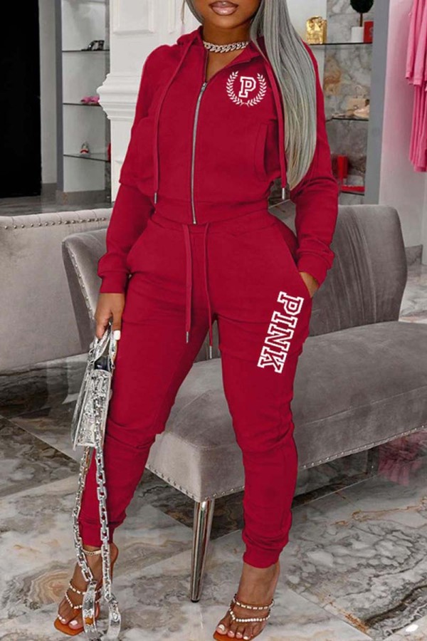Red Casual Letter Print Patchwork Hooded Collar Long Sleeve Two Pieces